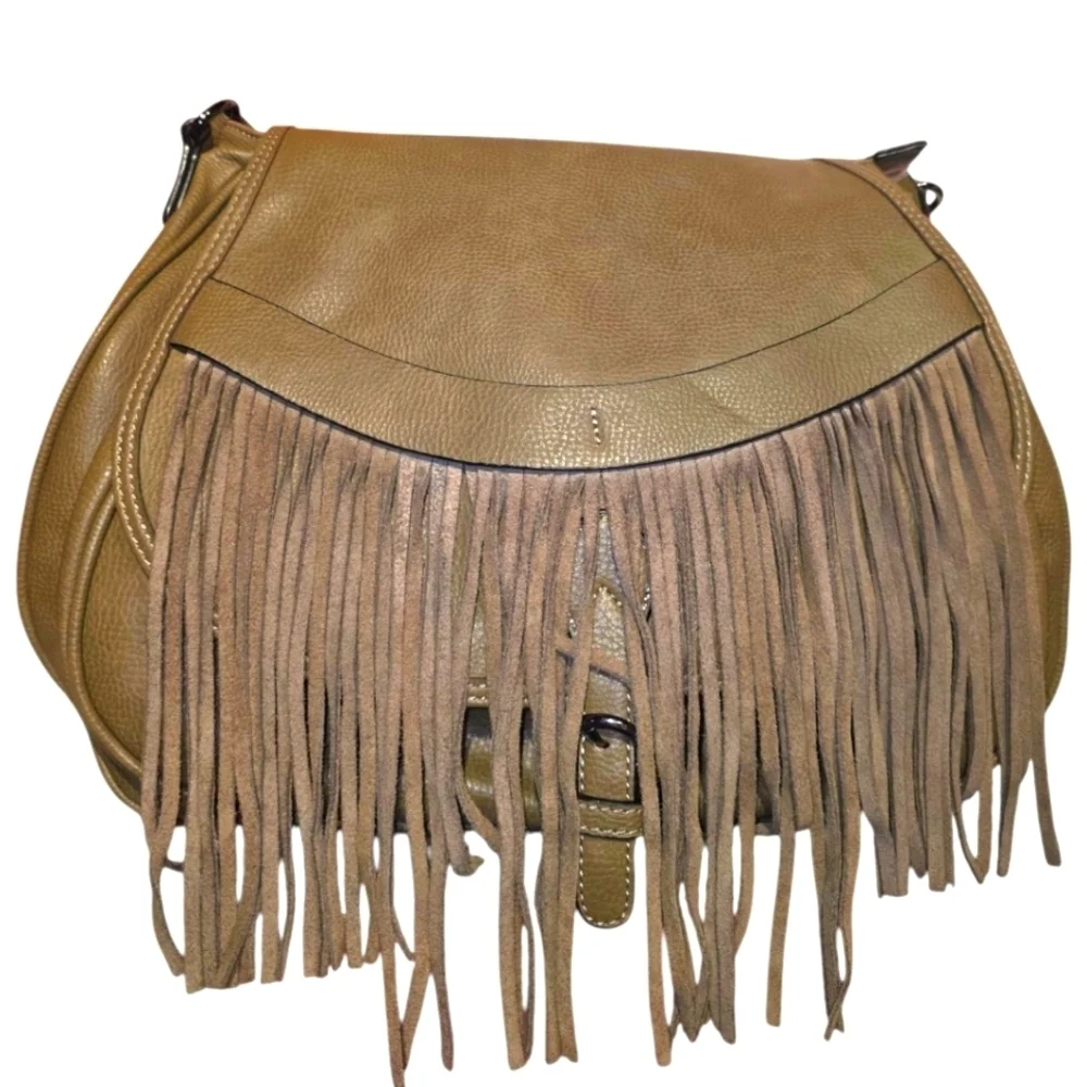 Designer Olive Green Boho Chic Saddle Style Hobo Bag with Fringe